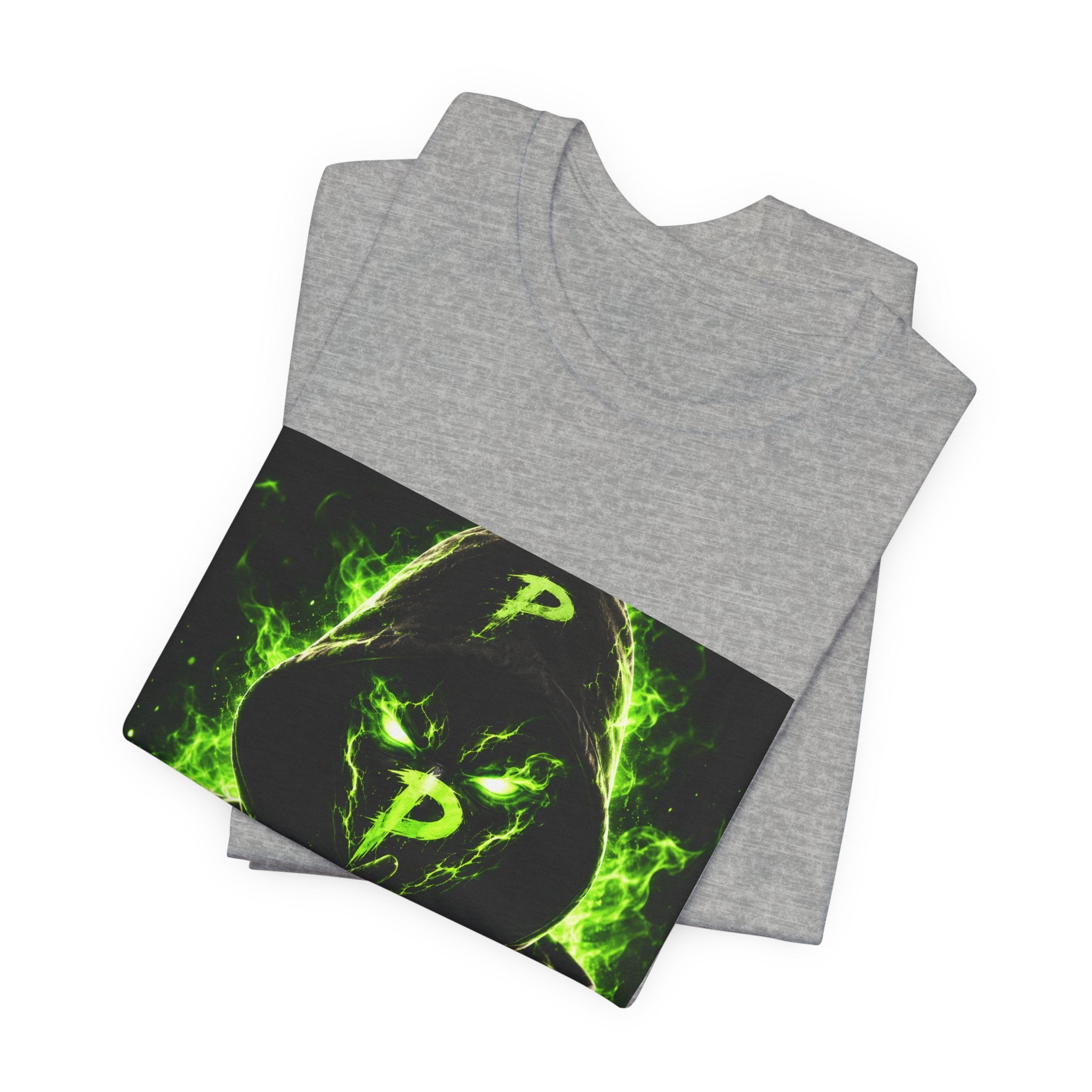 Hooded Phantom Tee — Neon Green 'P' Glitch Graphic T-Shirt