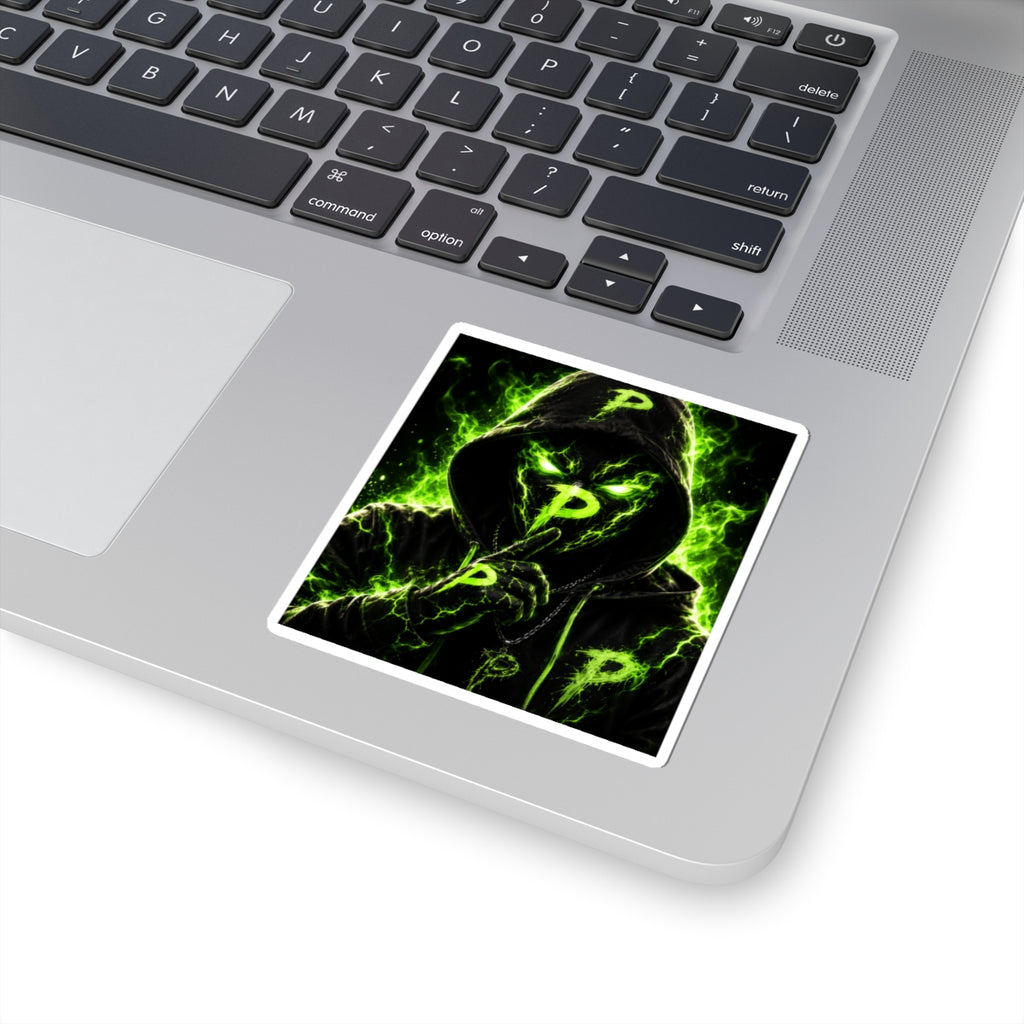 Neon Phantom 'P' Sticker — Green Hooded Shush Graphic Kiss-Cut Sticker