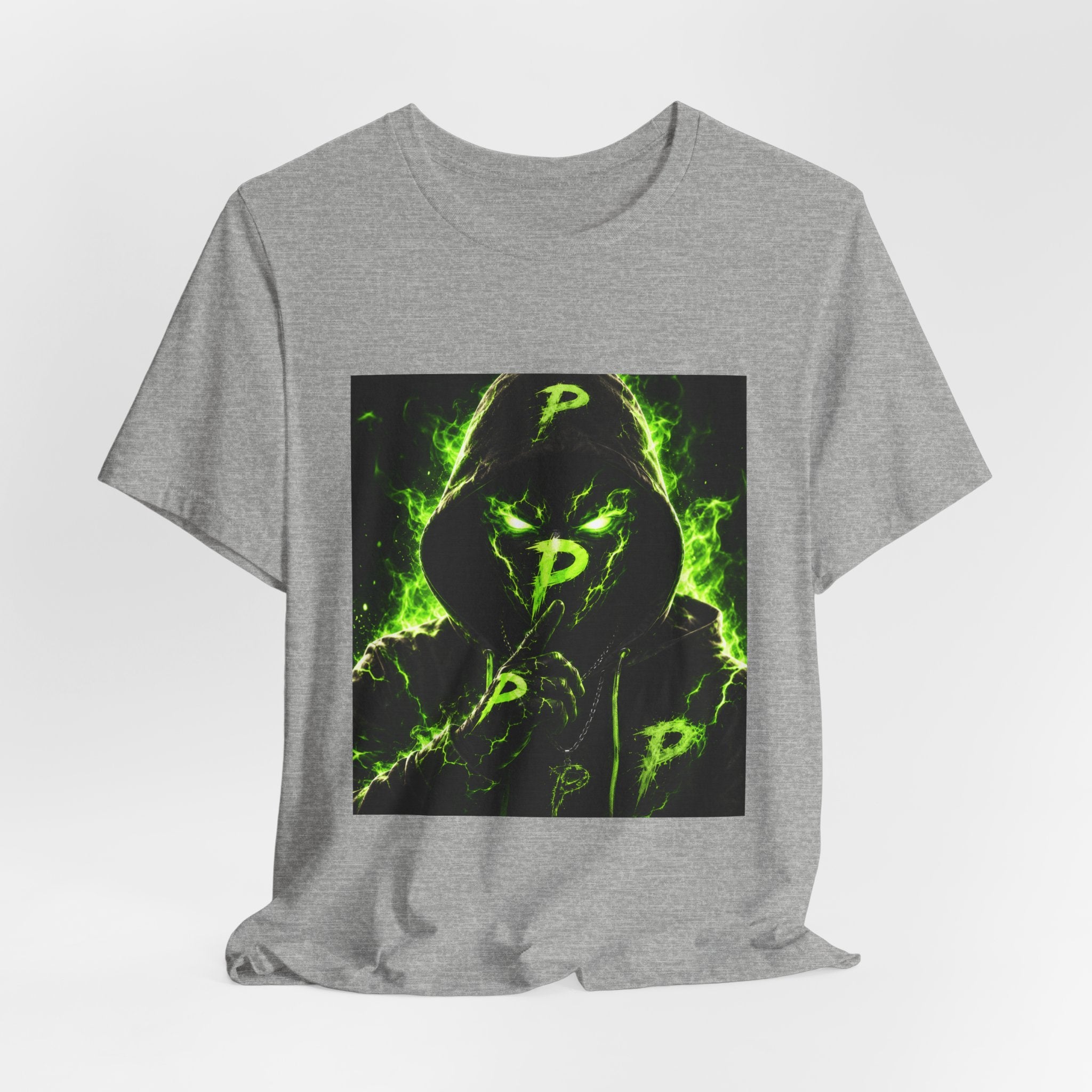 Hooded Phantom Tee — Neon Green 'P' Glitch Graphic T-Shirt