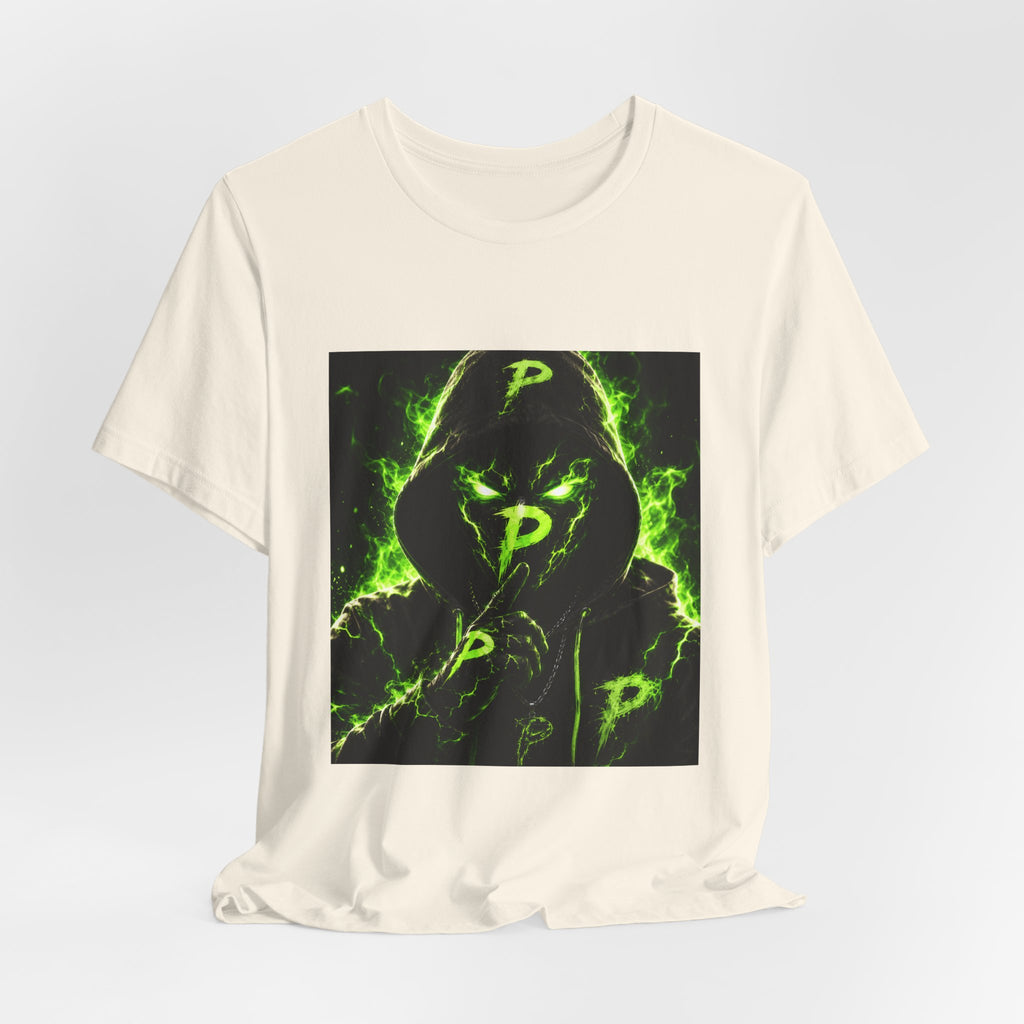 Hooded Phantom Tee — Neon Green 'P' Glitch Graphic T-Shirt