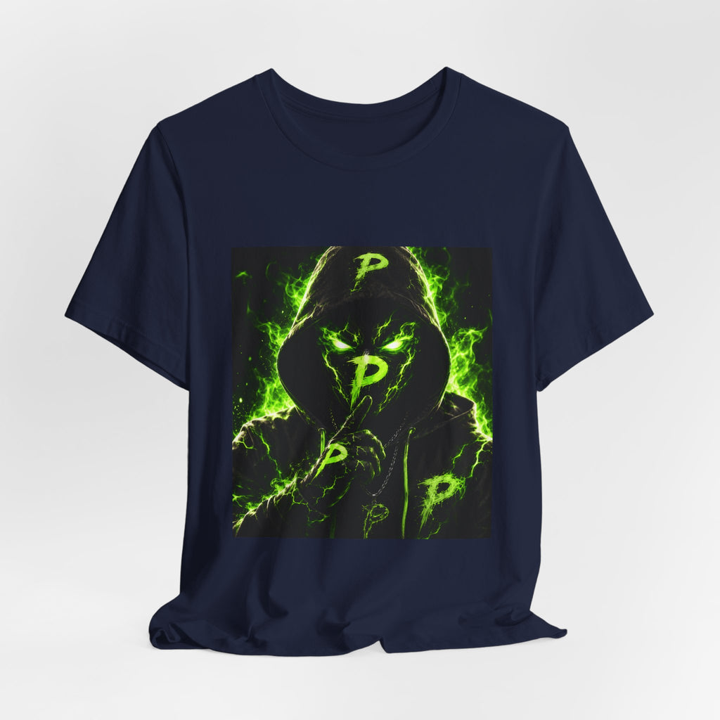 Hooded Phantom Tee — Neon Green 'P' Glitch Graphic T-Shirt