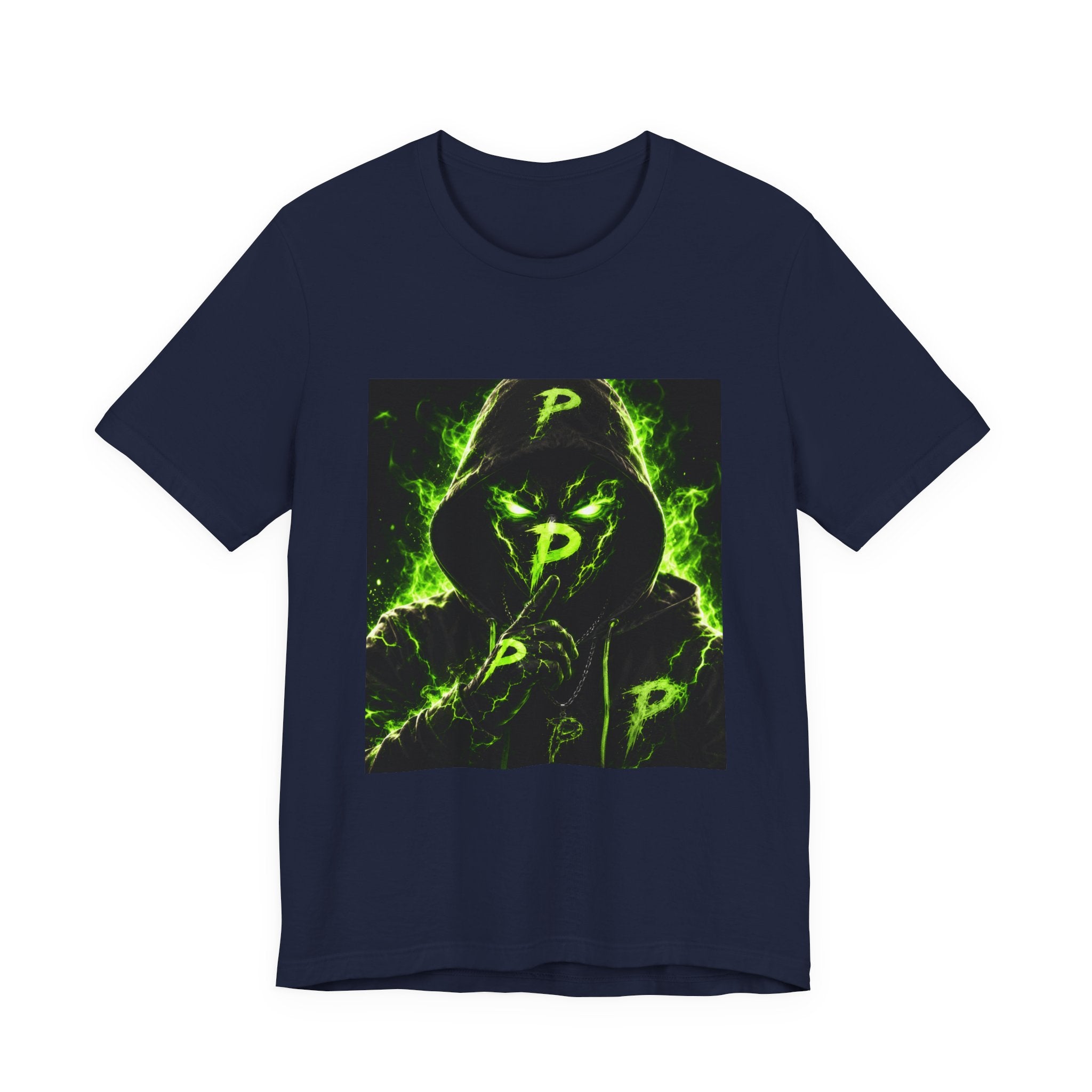 Hooded Phantom Tee — Neon Green 'P' Glitch Graphic T-Shirt