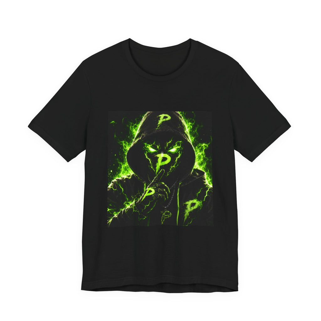 Hooded Phantom Tee — Neon Green 'P' Glitch Graphic T-Shirt