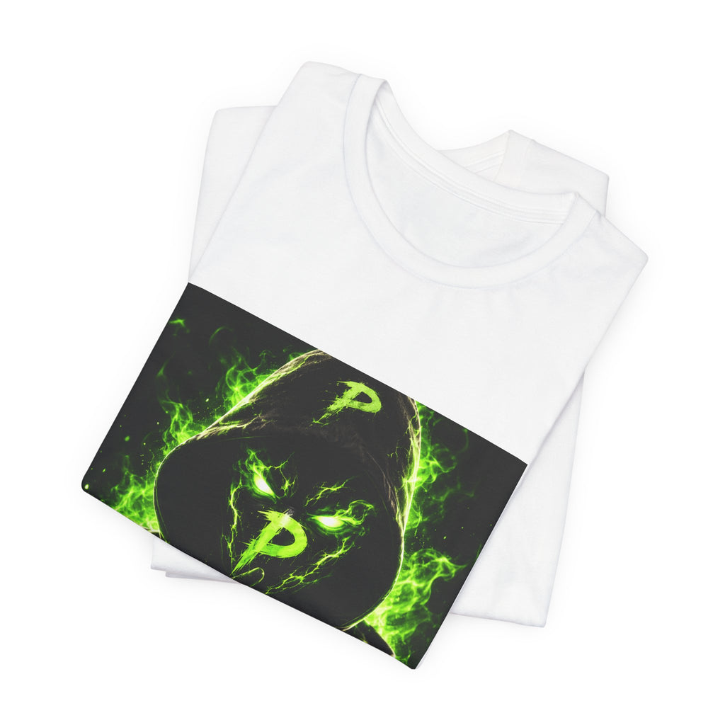 Hooded Phantom Tee — Neon Green 'P' Glitch Graphic T-Shirt