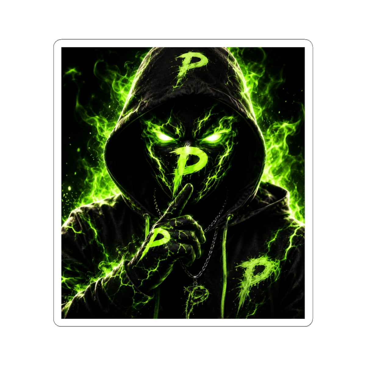 Neon Phantom 'P' Sticker — Green Hooded Shush Graphic Kiss-Cut Sticker
