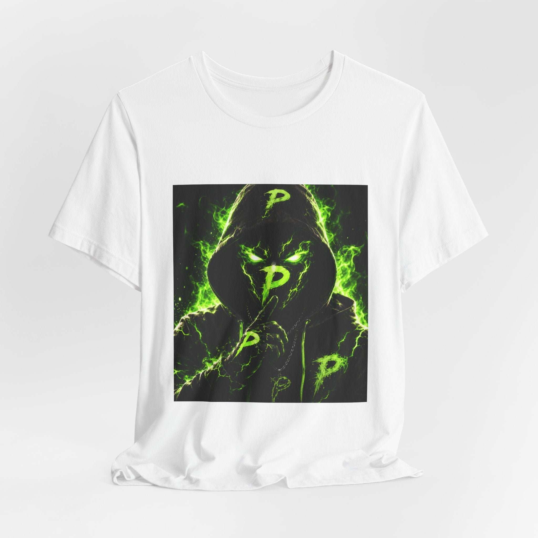 Hooded Phantom Tee — Neon Green 'P' Glitch Graphic T-Shirt