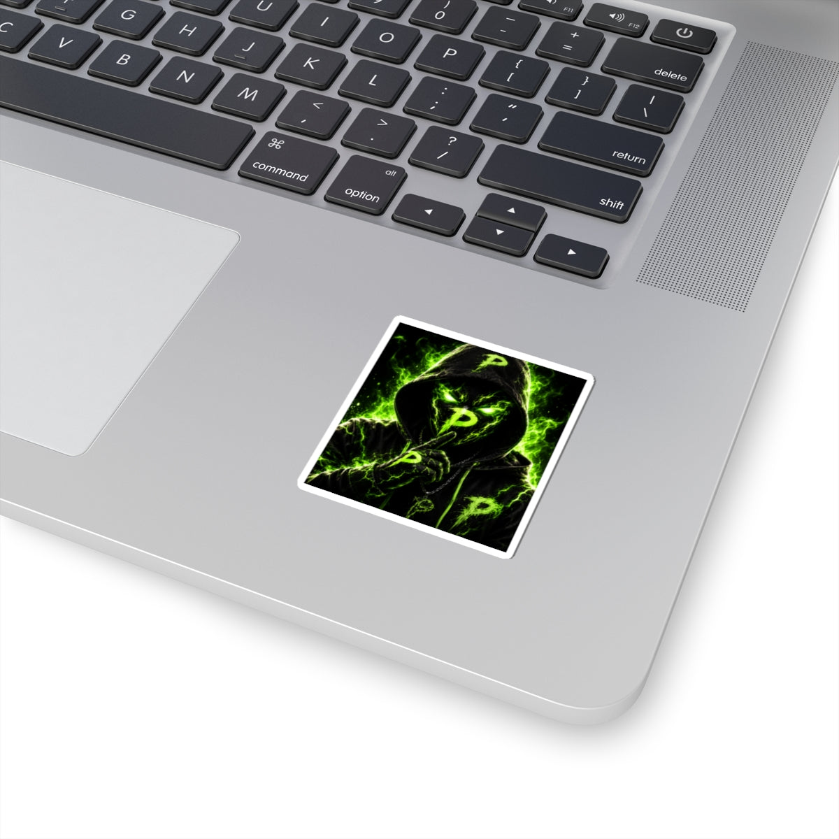 Neon Phantom 'P' Sticker — Green Hooded Shush Graphic Kiss-Cut Sticker