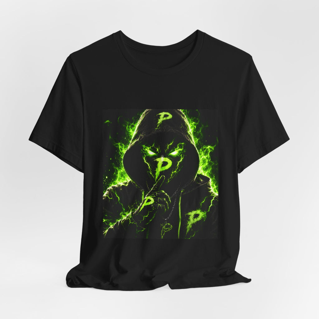 Hooded Phantom Tee — Neon Green 'P' Glitch Graphic T-Shirt
