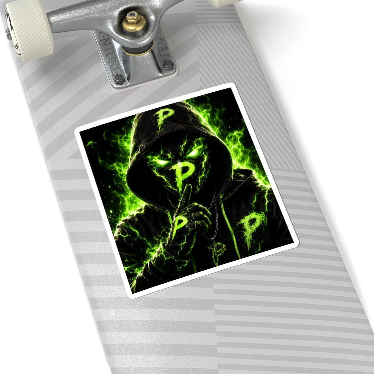 Neon Phantom 'P' Sticker — Green Hooded Shush Graphic Kiss-Cut Sticker