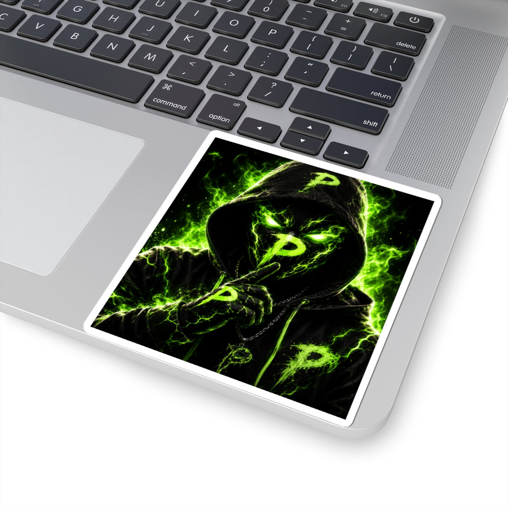 Neon Phantom 'P' Sticker — Green Hooded Shush Graphic Kiss-Cut Sticker