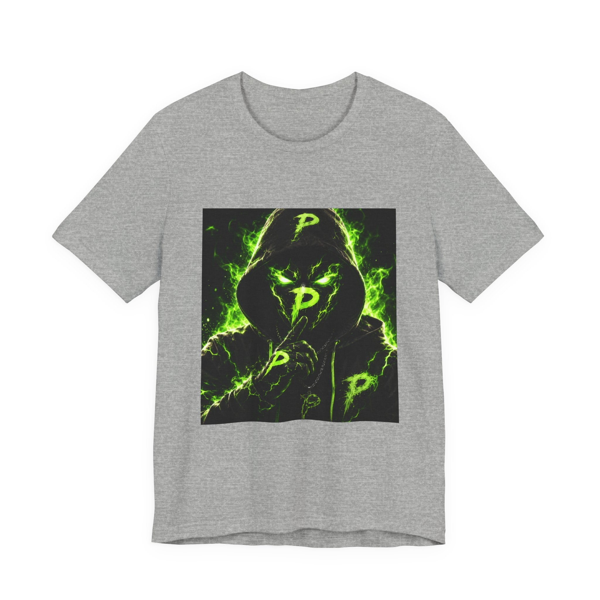 Hooded Phantom Tee — Neon Green 'P' Glitch Graphic T-Shirt