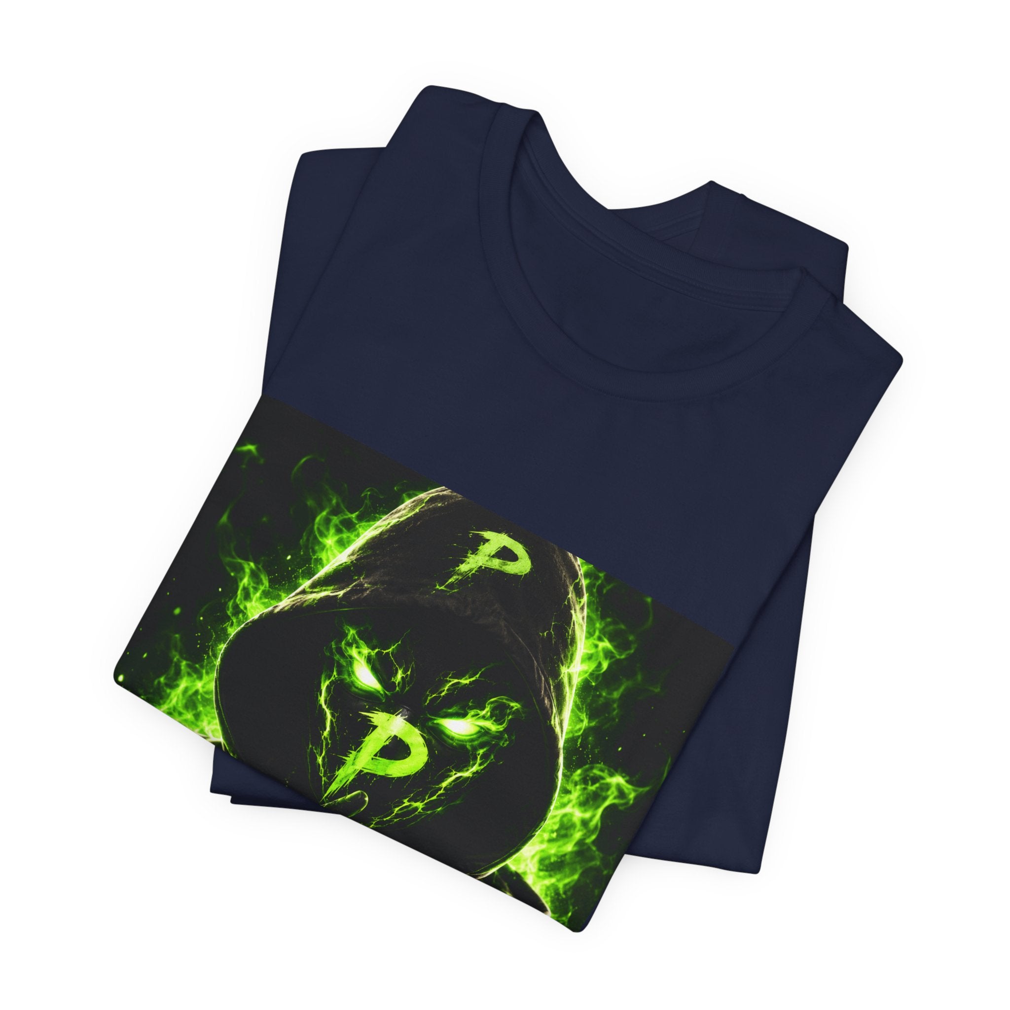 Hooded Phantom Tee — Neon Green 'P' Glitch Graphic T-Shirt