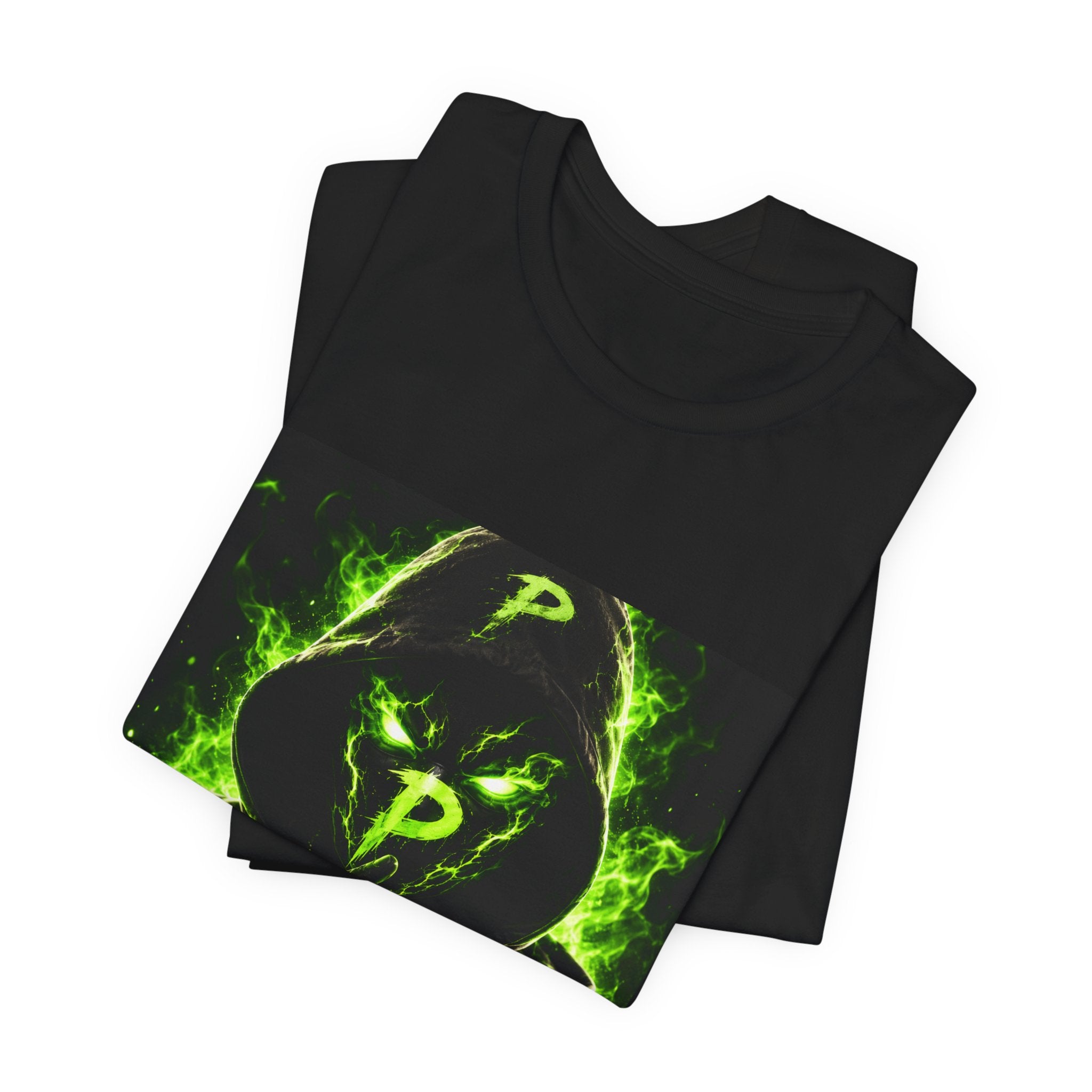 Hooded Phantom Tee — Neon Green 'P' Glitch Graphic T-Shirt