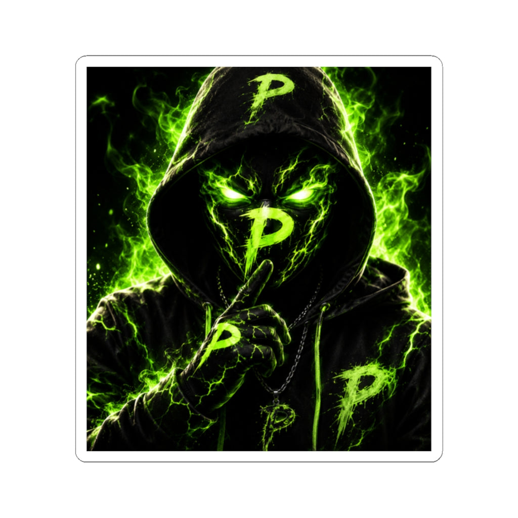 Neon Phantom 'P' Sticker — Green Hooded Shush Graphic Kiss-Cut Sticker