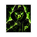 Neon Phantom 'P' Sticker — Green Hooded Shush Graphic Kiss-Cut Sticker