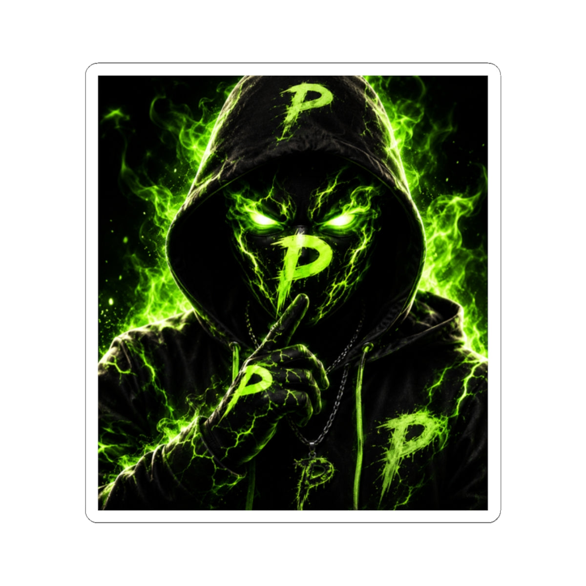 Neon Phantom 'P' Sticker — Green Hooded Shush Graphic Kiss-Cut Sticker
