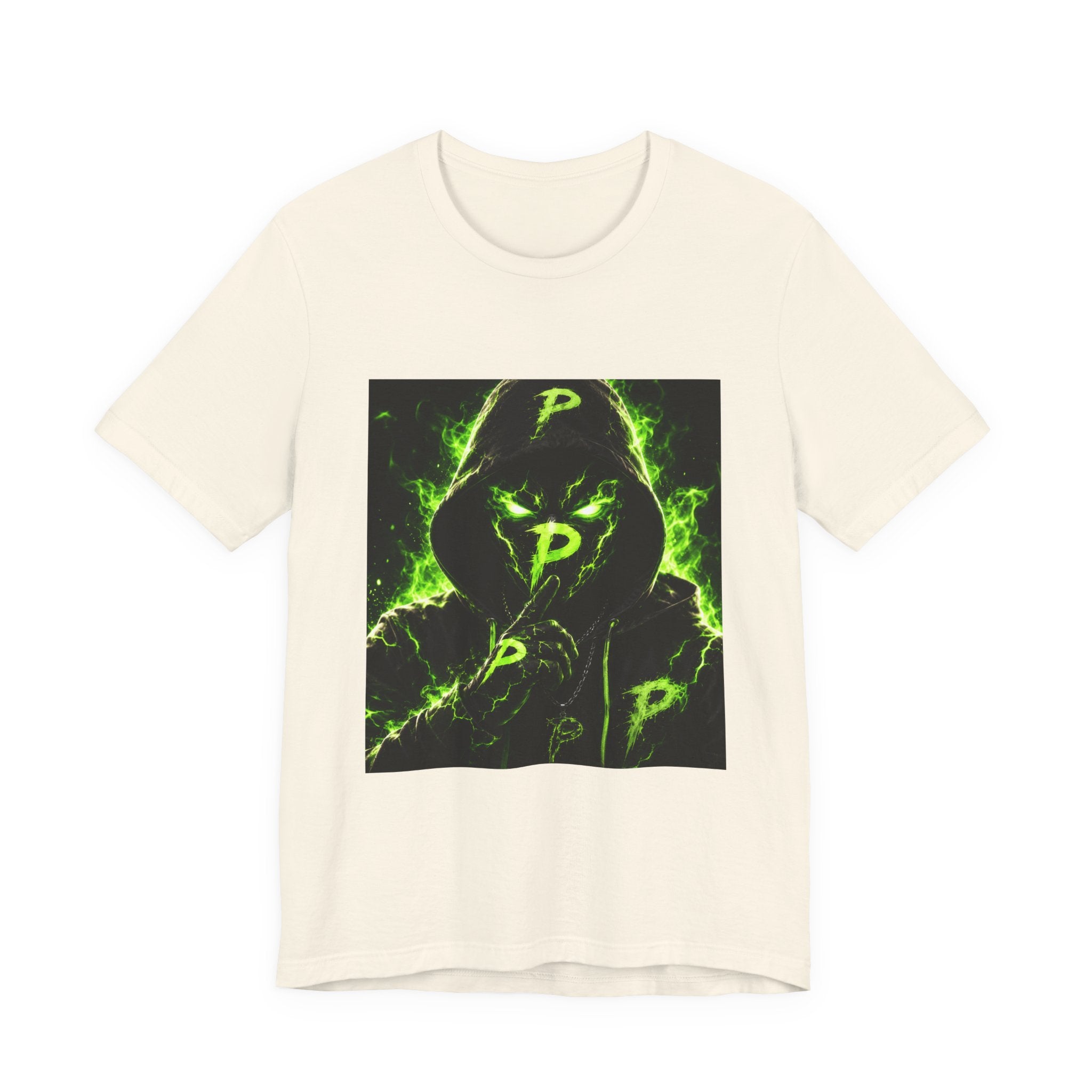 Hooded Phantom Tee — Neon Green 'P' Glitch Graphic T-Shirt