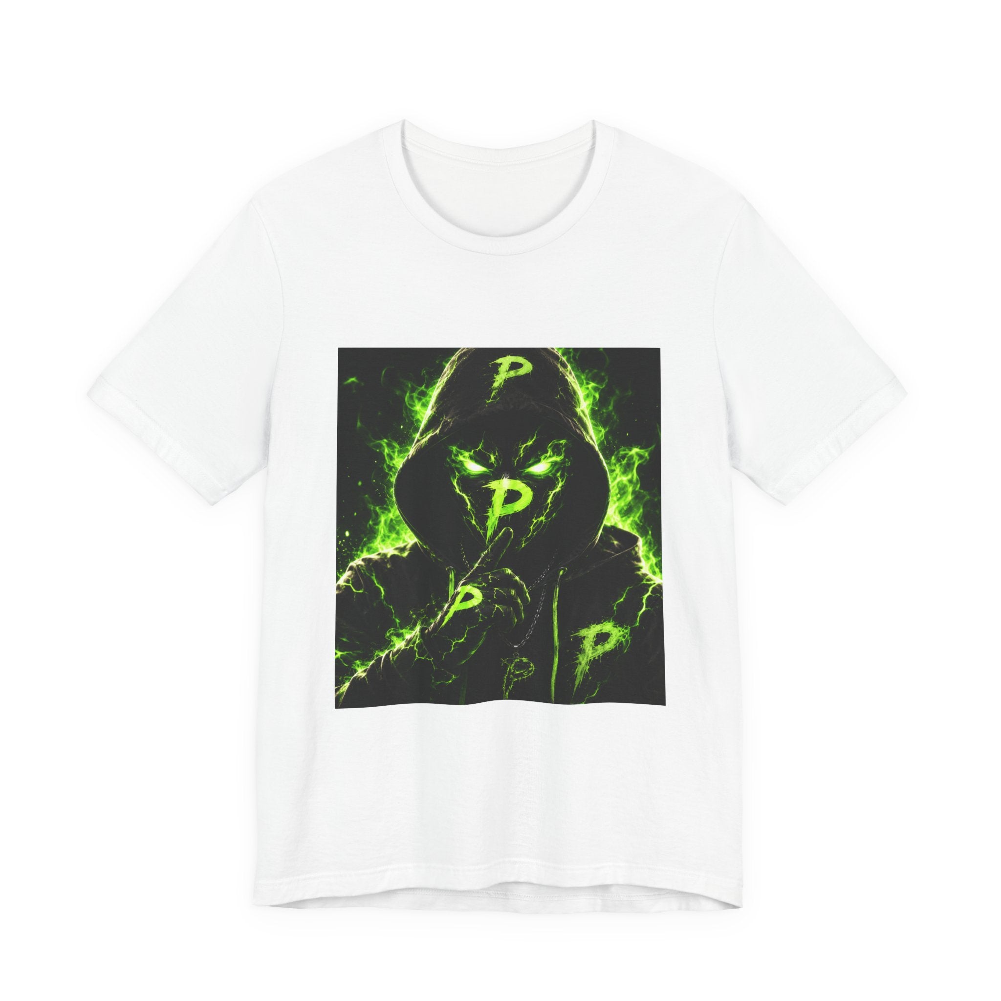 Hooded Phantom Tee — Neon Green 'P' Glitch Graphic T-Shirt